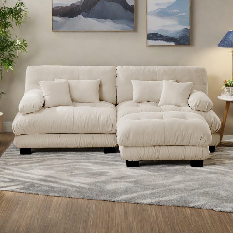 94.4" 2-Seater Chenille Cloud Couch with 4 Pillows and Convertible Ottoman