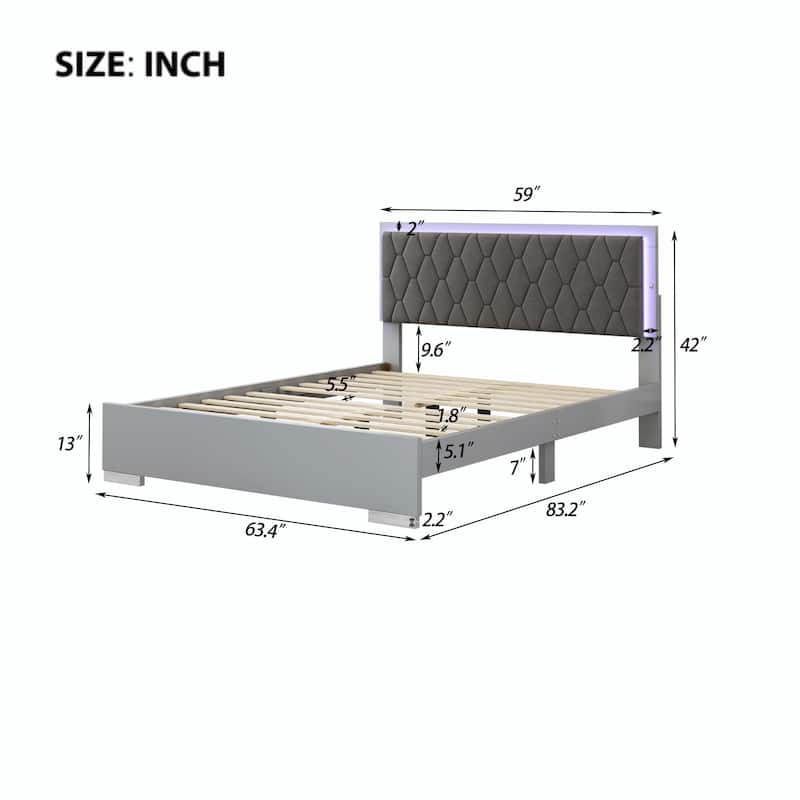 Queen Size Upholstered Bed with LED Lights, Modern Velvet Platform Bed