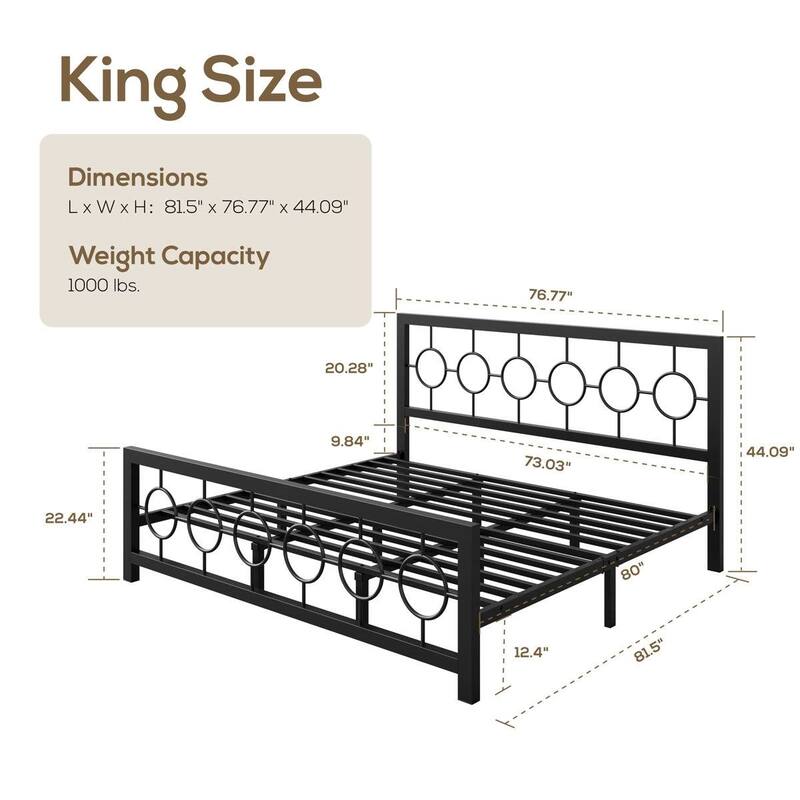 Art Deco Metal Platform Bed Frame with Openwork Headboard and Footboard Modern Iron Slat Support