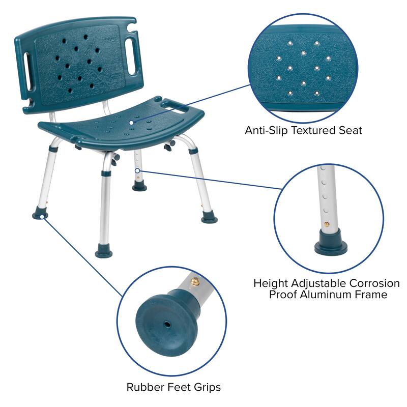Tool-Free 300 Lb. Capacity, Adjustable Teal Bath & Shower Chair with Large Back