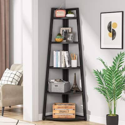 Brown/ Black Corner Ladder Shelf,5 Tier Corner Bookshelf Bookcase, White/ Gold 70 Inch Tall Display Rack for Small Space