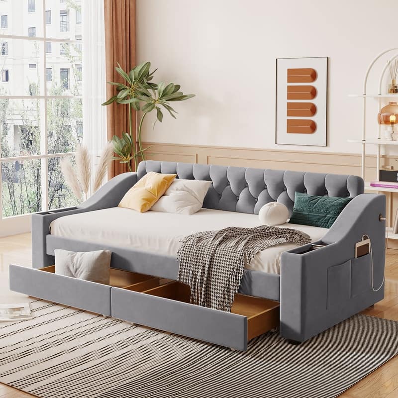 Twin Size Velvet Upholstered Daybed with Storage Armrests and USB Port