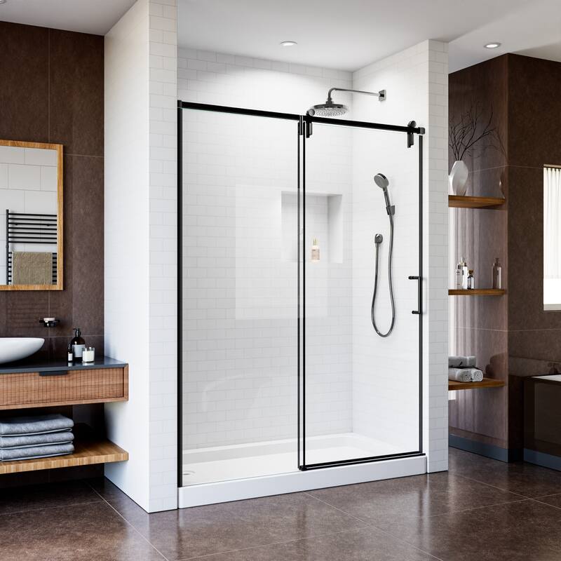 Modland 48''/60''W x 76''H Matte Black Sliding Shower Door, Adjustable Semi-Frameless Enclosure, 1/4" ANSI Glass, Soft-Close - 56''-60''x 76''.