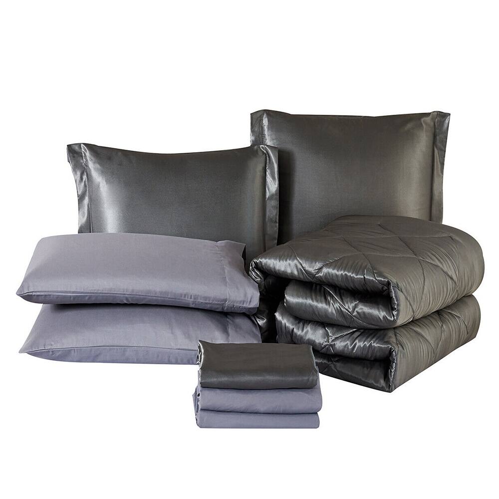 8 Pic Silky Satin Comforter Set Soft Luxury Quilted King Dark Gray