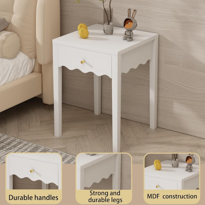 White Nightstand with Drawer, Modern Bedside Table with Wavy Apron Design, Compact End Table, Small Side Table with Storage
