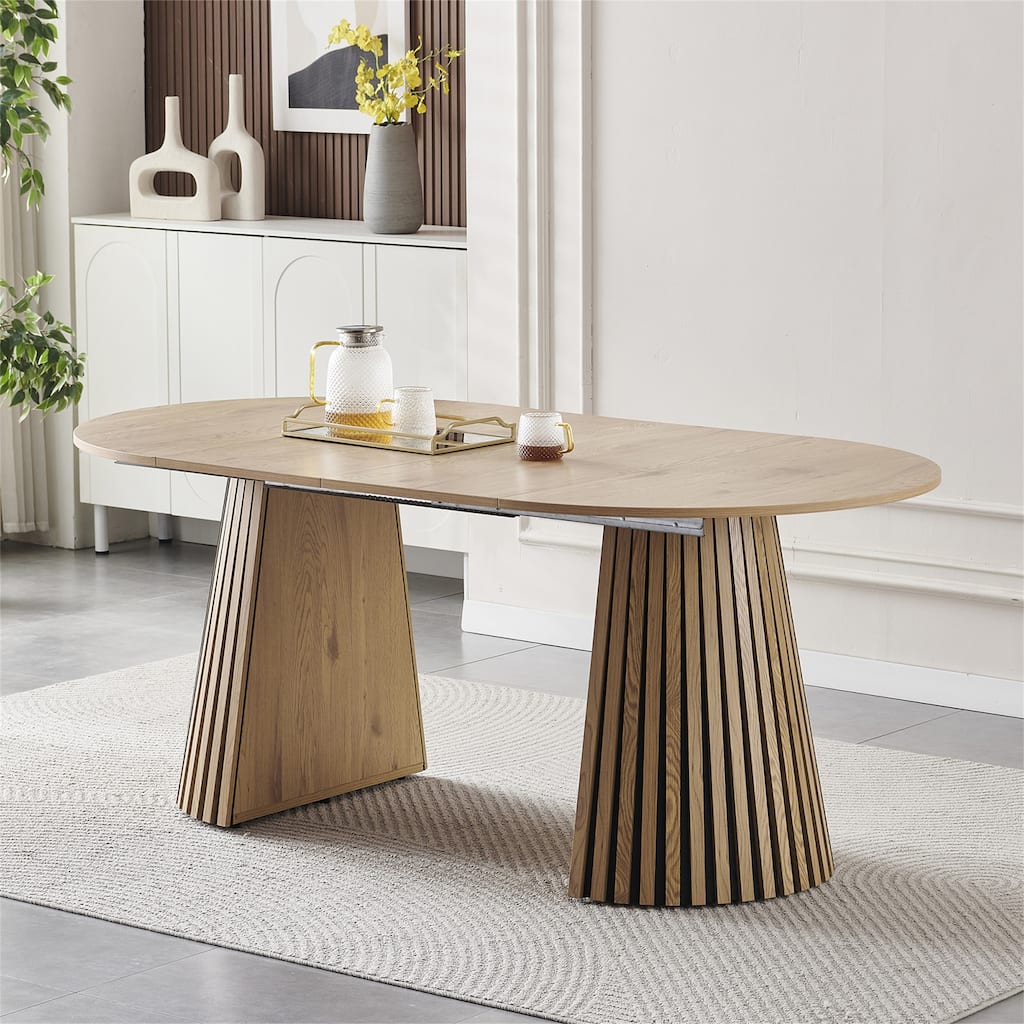Extendable Oval Wood Dining Table, Multi-Functional Desk with Slatted Legs
