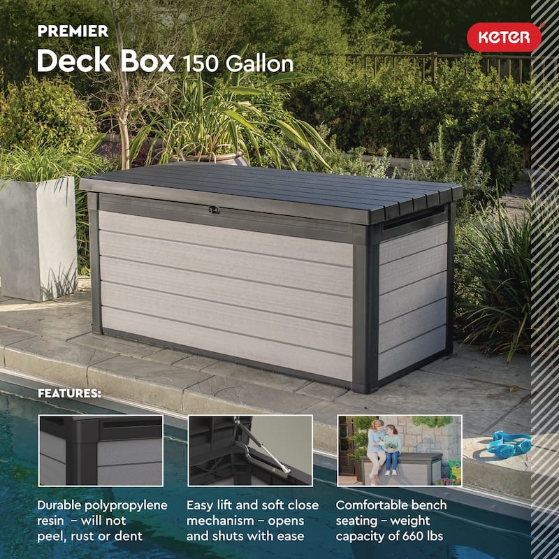 Keter Premier 150 Gallon Durable Resin Outdoor Storage Deck Box For Furniture and Supplies, Grey