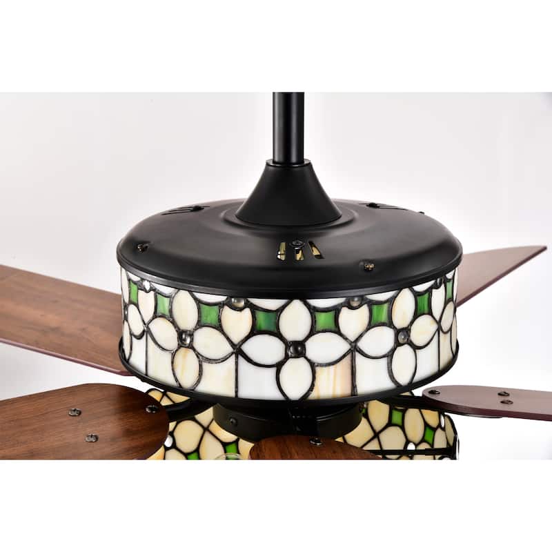 Guarvey 52-Inch Flushmount Two-Tiered Lighted Ceiling Fan Ivory Tiffany Glass Lamp Black Finish