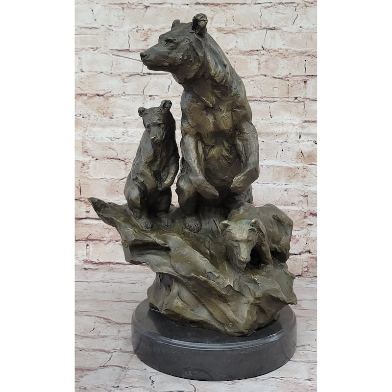 Large Mother Bear With Her Cubs On A Rock Bronze Art Deco Marble Sculpture Barye