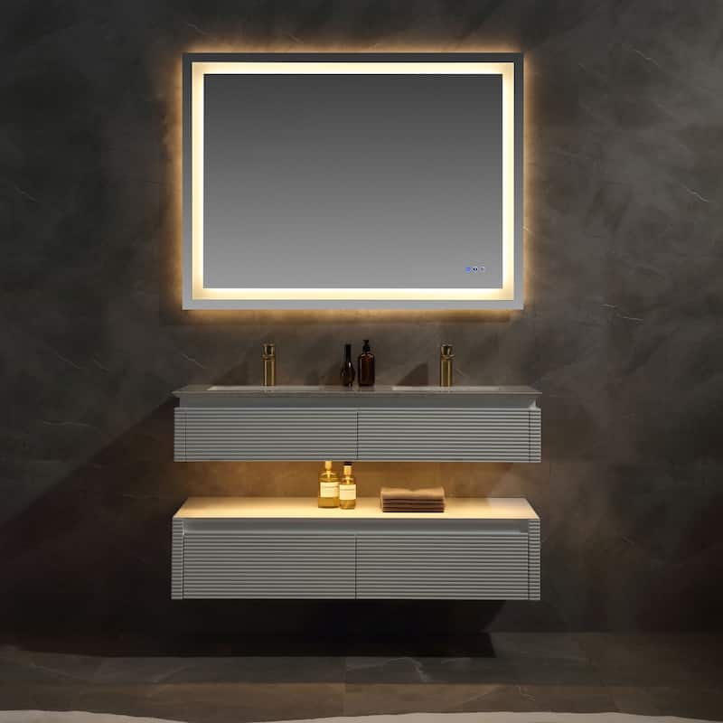 Modland 36/48 Inch LED Floating Vanity with Marble Top & Soft-Close Drawer - Green/White, Wall Drain Ready