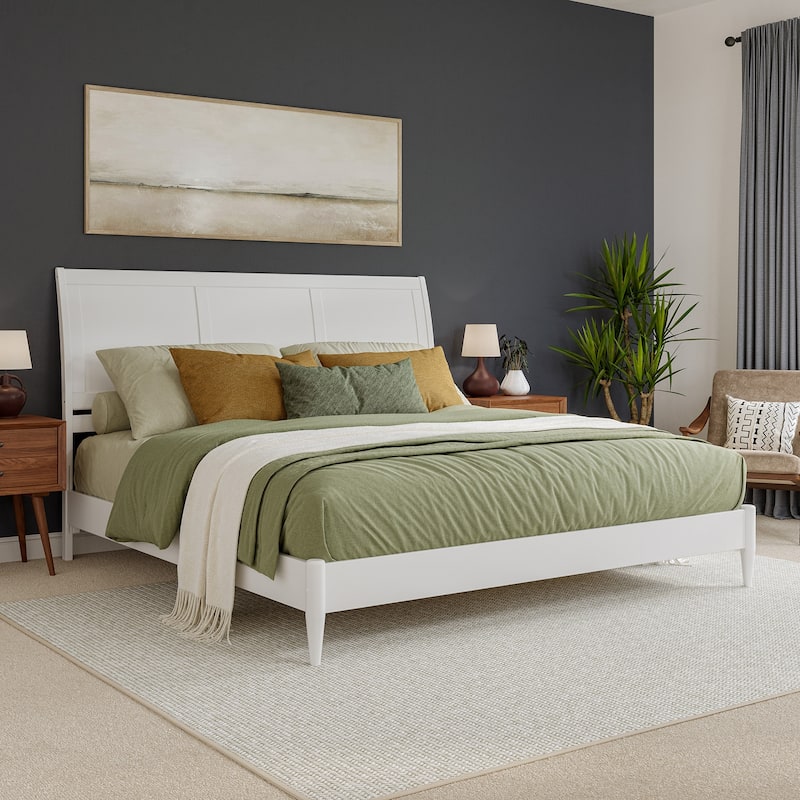 King Size Platform Bed - Solid Wood Sleigh Style Low Profile Bed Frame - White Finish