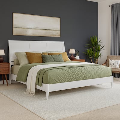King Size Platform Bed - Solid Wood Sleigh Style Low Profile Bed Frame - White Finish