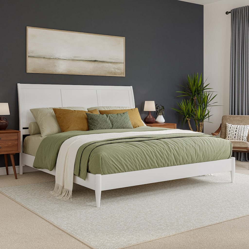 King Size Platform Bed - Solid Wood Sleigh Style Low Profile Bed Frame - White Finish