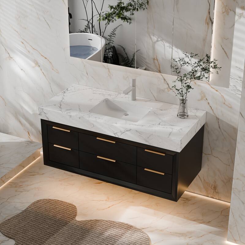 Modland 48" Modern Floating Bathroom Vanity with Single Sink, Soft-Close Drawers, White Stone Countertop