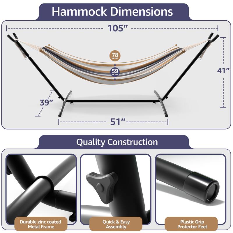 Sorbus 2-Person Hammock with Stand, 60" Cotton Blend Bed, Heavy Duty 450lbs Capacity, Portable with Carrying Case, Washable