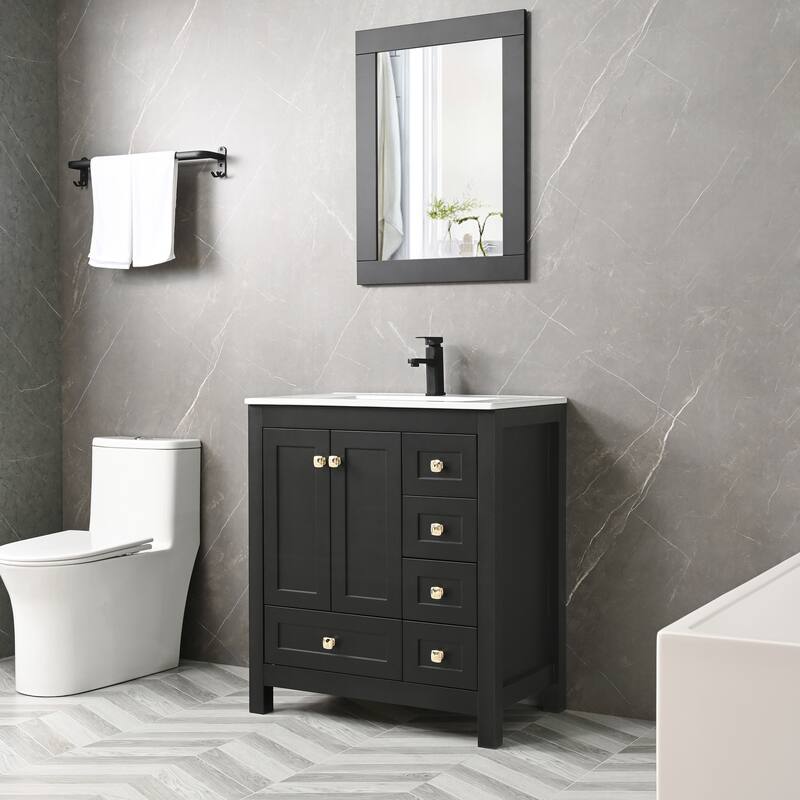 Eclife 30'' Bathroom Vanities Cabinet with Sink Combo Set Undermount Ceramic Sink Matte Black Faucet Mirror - Black