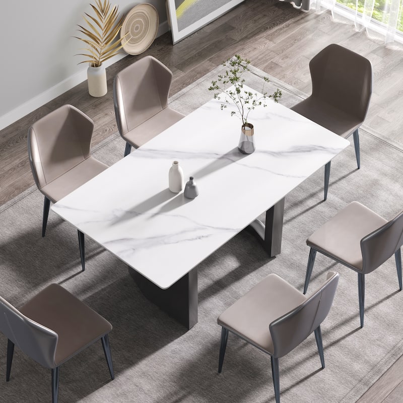 63"Modern artificial stone white straight edge metal leg dining table -6 people