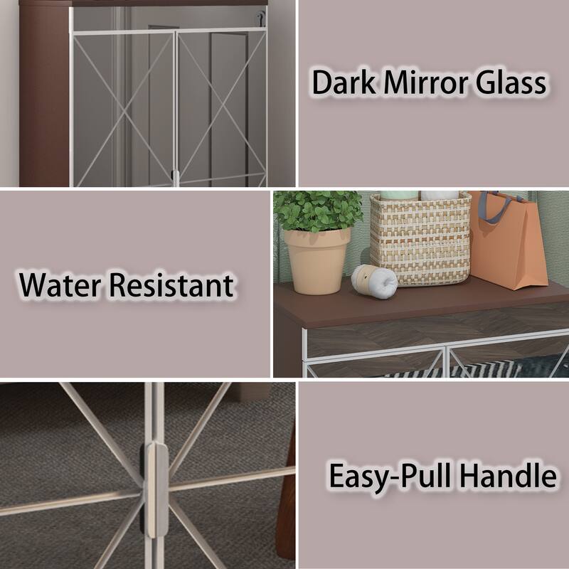 Modern Mirrored Shoe Storage Organizer Cabinet with Frosted Glass and Geometric Carvings for Elegant Storage in Small Spaces