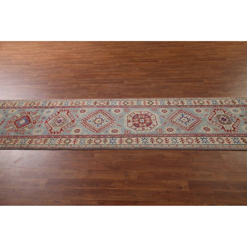 Light Blue Kazak Runner Rug Hand-Knotted Wool Carpet - 2'7" x 15'9"
