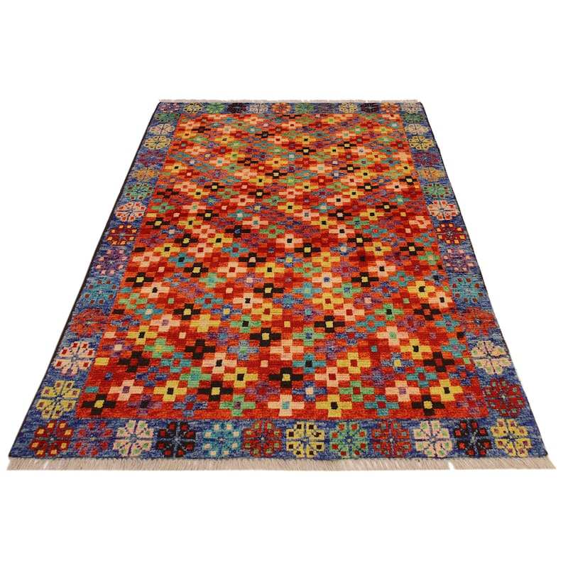Tribal Balochi Zavala Orange/Blue Hand Knotted Wool Rug - 3'4'' x 4'11''