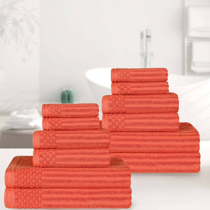 Superior Cotton 12-Piece Solid and Checkered Border Towel Set - Coral