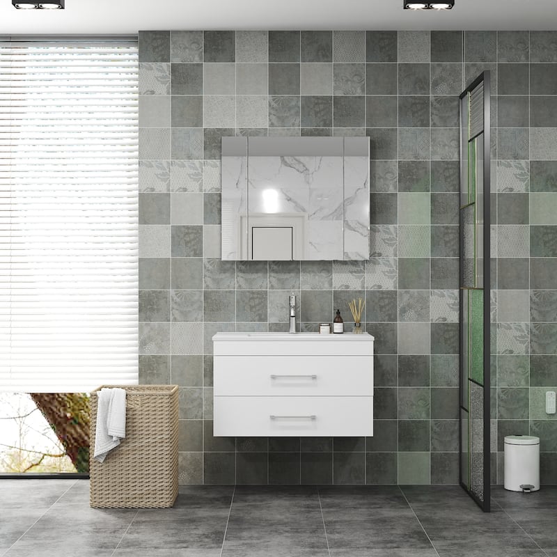 GDFStudio - 32-Inch White Gloss Wall-Mounted Bathroom Vanity with Double Drawers