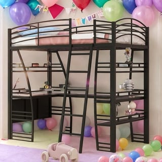 Modern Twin Size Loft Bed With 4 Layers Of Shelves And L-shaped Desk,Sockets,USB Ports,Wireless Charging
