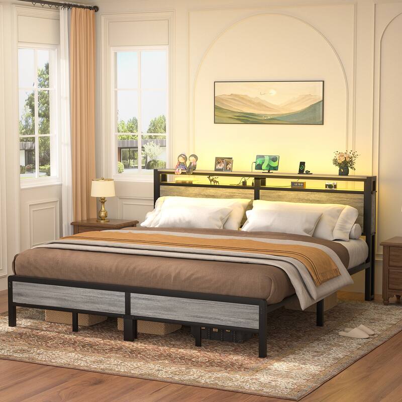 Farmhouse Wood Platform Bed Frame with Charged Station and LED Lights - Grey Walnut - King