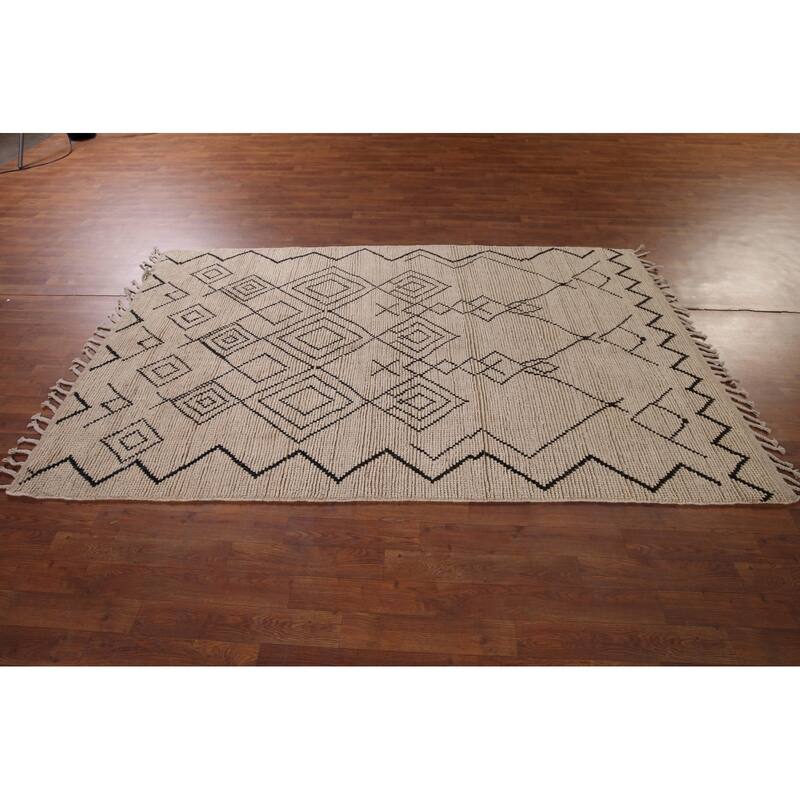 Beige Moroccan Oriental Area Rug Hand-Knotted Wool Carpet - 4'8" x 8'3"