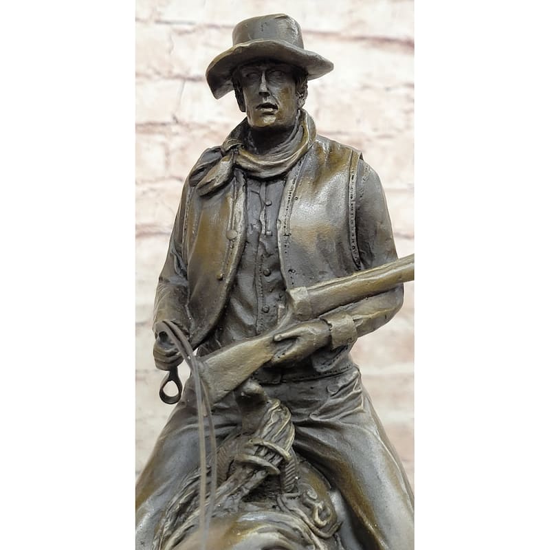 Western Cowboy On Horseback W/ Shotgun Bronze Sculpture Statue 16 Inches X 14 Inches