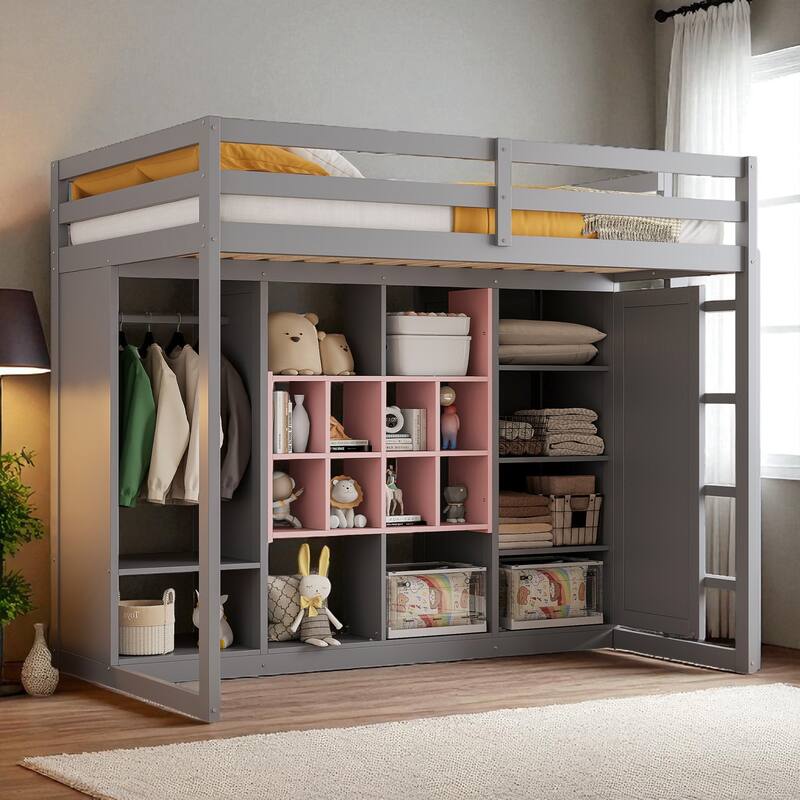 Space-Saving Twin/Full Loft Bed, Solid Wood Frame with Open Wardrobe, Colorful Shelves, Cabinet Storage & Reversible Ladder - Grey Pink - Twin