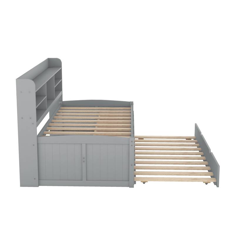 Twin Size Wooden Bed with Built-in Bookshelves, Storage Drawers, and Trundle in Light Grey