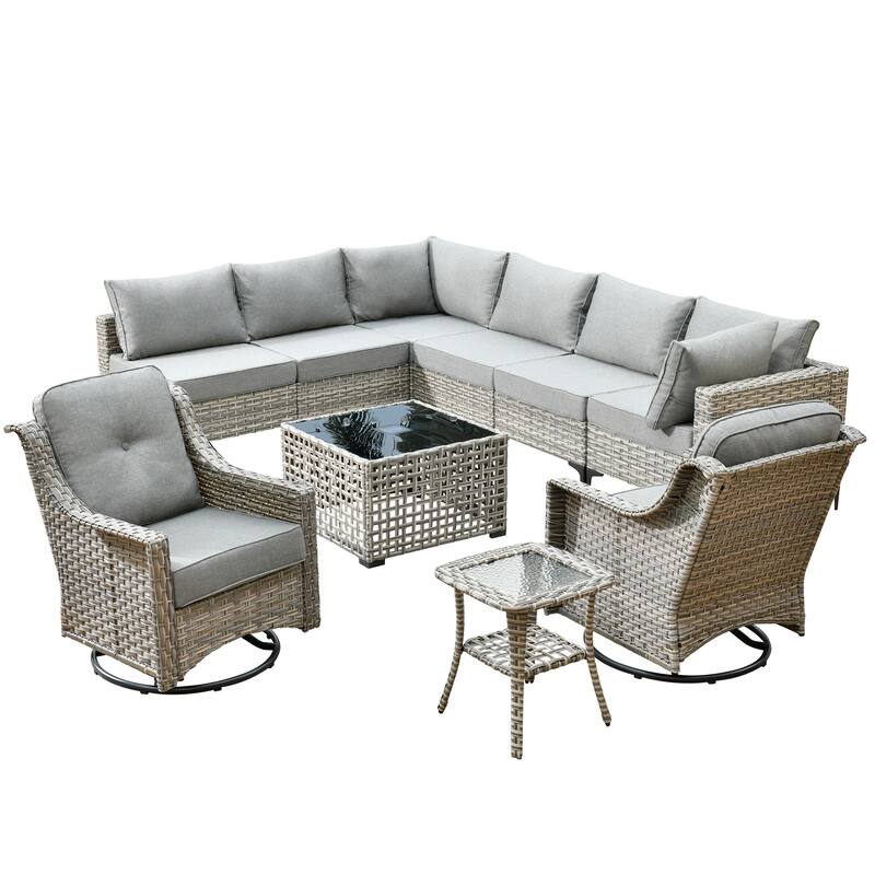 HOOOWOOO 10-piece Wicker Patio Furniture Set Sectional Sofa with Swivel Chair