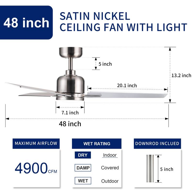 YUHAO Kaleido 48 in. Indoor Matte Black Ceiling Fans with 3-Colors Integrated LED and Dual-Finish Blades