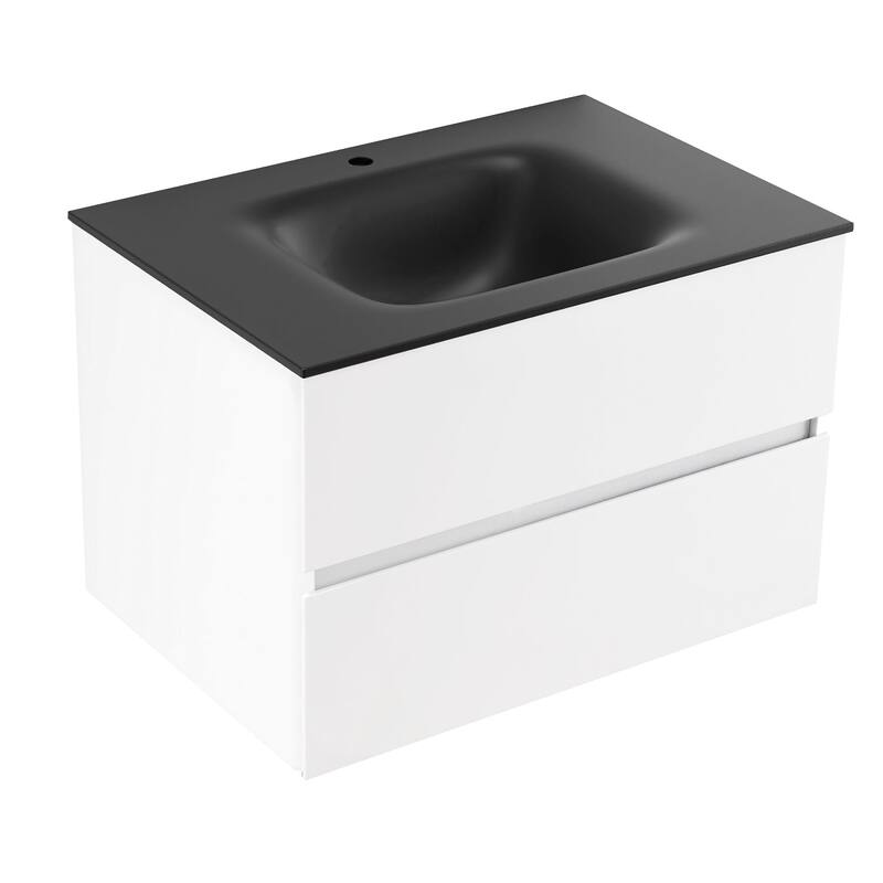 Wall-Mounted Bathroom Vanity Set in White with Black Quartz Top and Integrated Sink