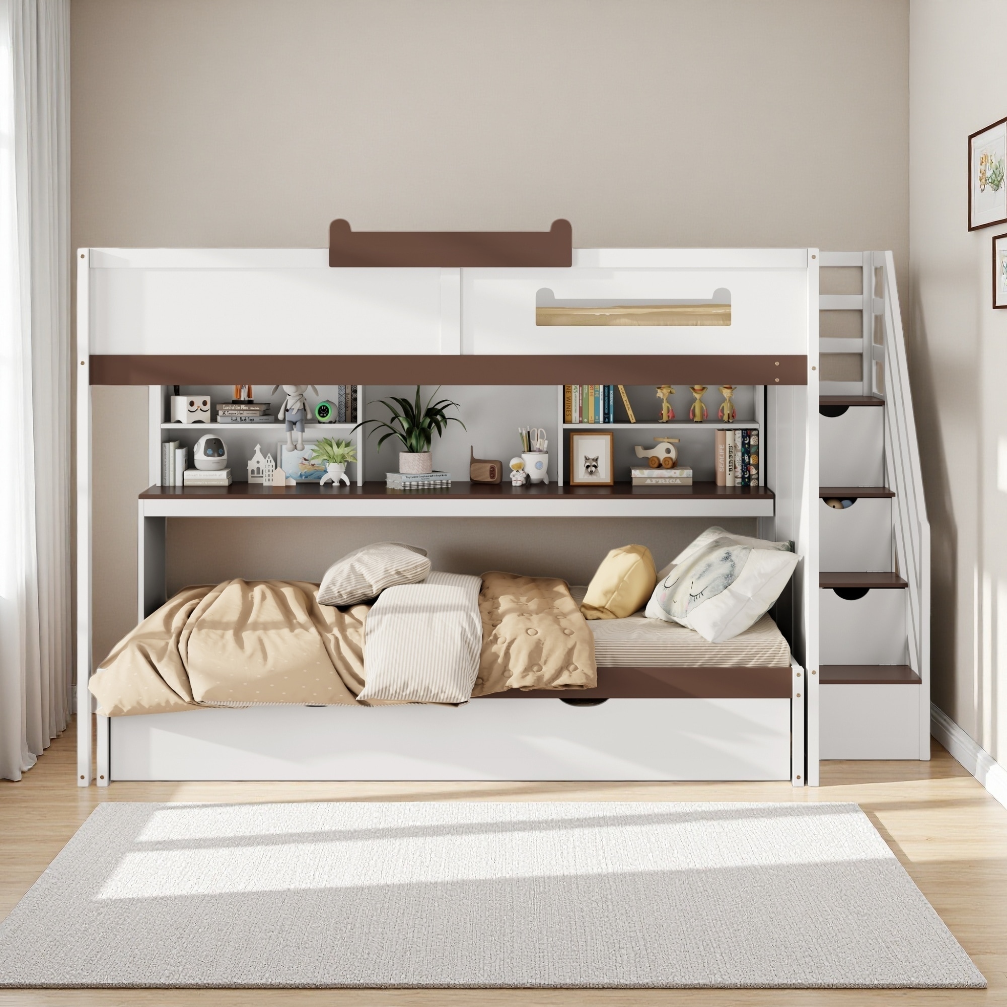 Full Over Full Bunk Bed with Twin Trundle, Plywood & MDF, Staircase, Shelves & LED Lighting