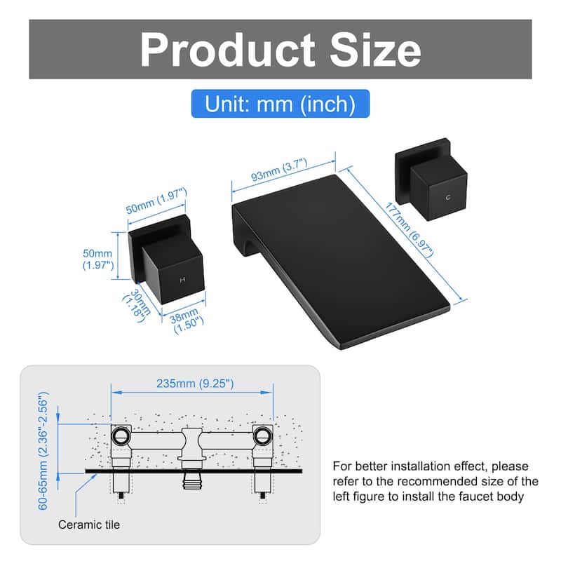 Wall Mounted Tub Faucet Modern Waterfall Matte Black Tub Fillers with Double Handles Bathroom Faucets With Valve