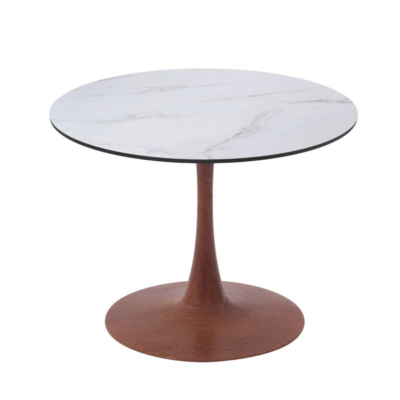 Bristol 27" Round Dining Table with MDF Top and Cherry Steel Pedestal Base for Modern Kitchen and Dining Room - Marbled White