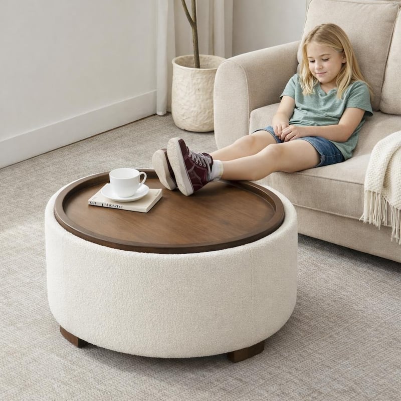 Huimo Modern round wooden tray Ottoman with Storage