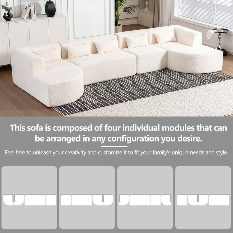 Convertible Sectional Sofa with 2 Curved Chaise Lounges, 143.7" Upholstered Sofa Free-combined Sofa Couch with 5 Back Pillows