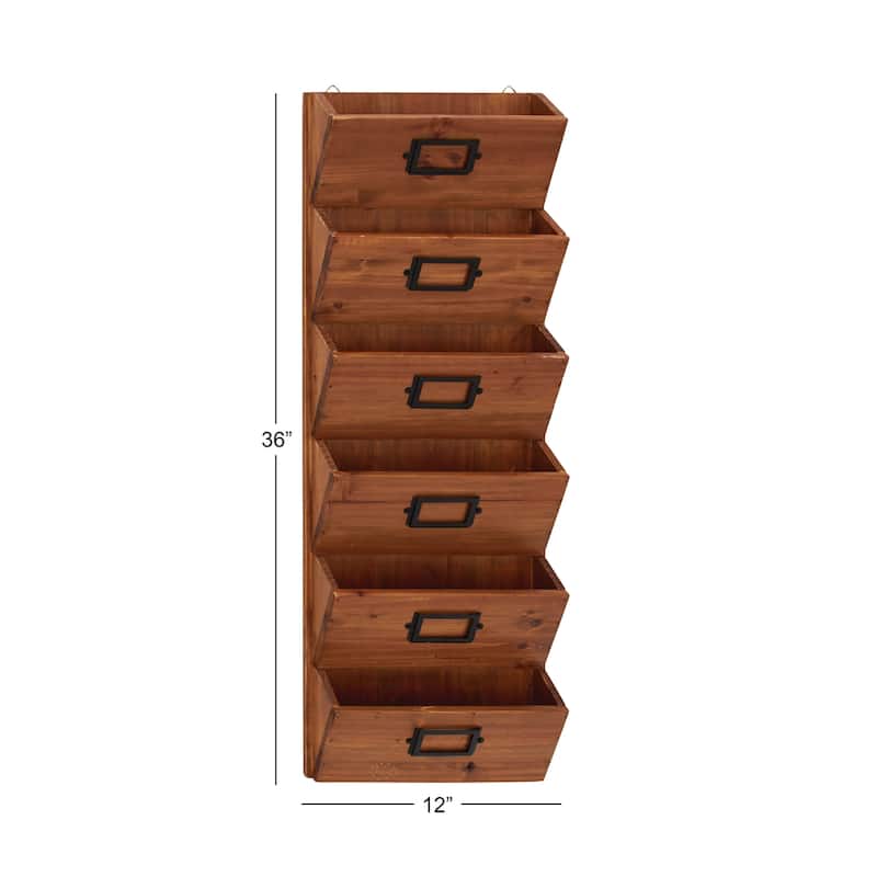 Wood 6 Slots Magazine Rack Holder with Suspended Baskets and Label Slot - Brown - Roche River Decor - 12"W x 3"L x 36"H