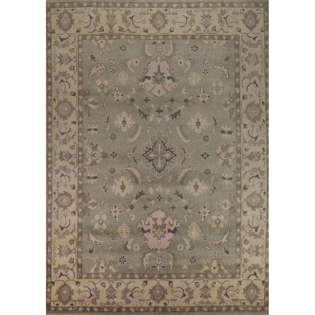 Transitional Oushak Indian Area Rug Handmade Green Wool Carpet - 9'0" x 12'0"