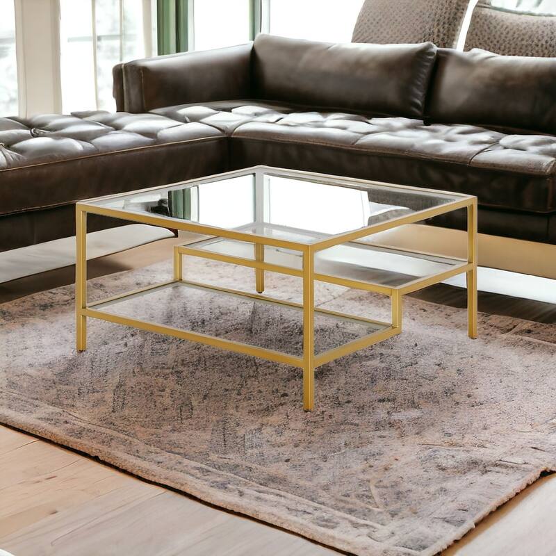 32-Inch Glass Square Coffee Table with Steel Base and Storage Shelves - 32” x 32” x 17”