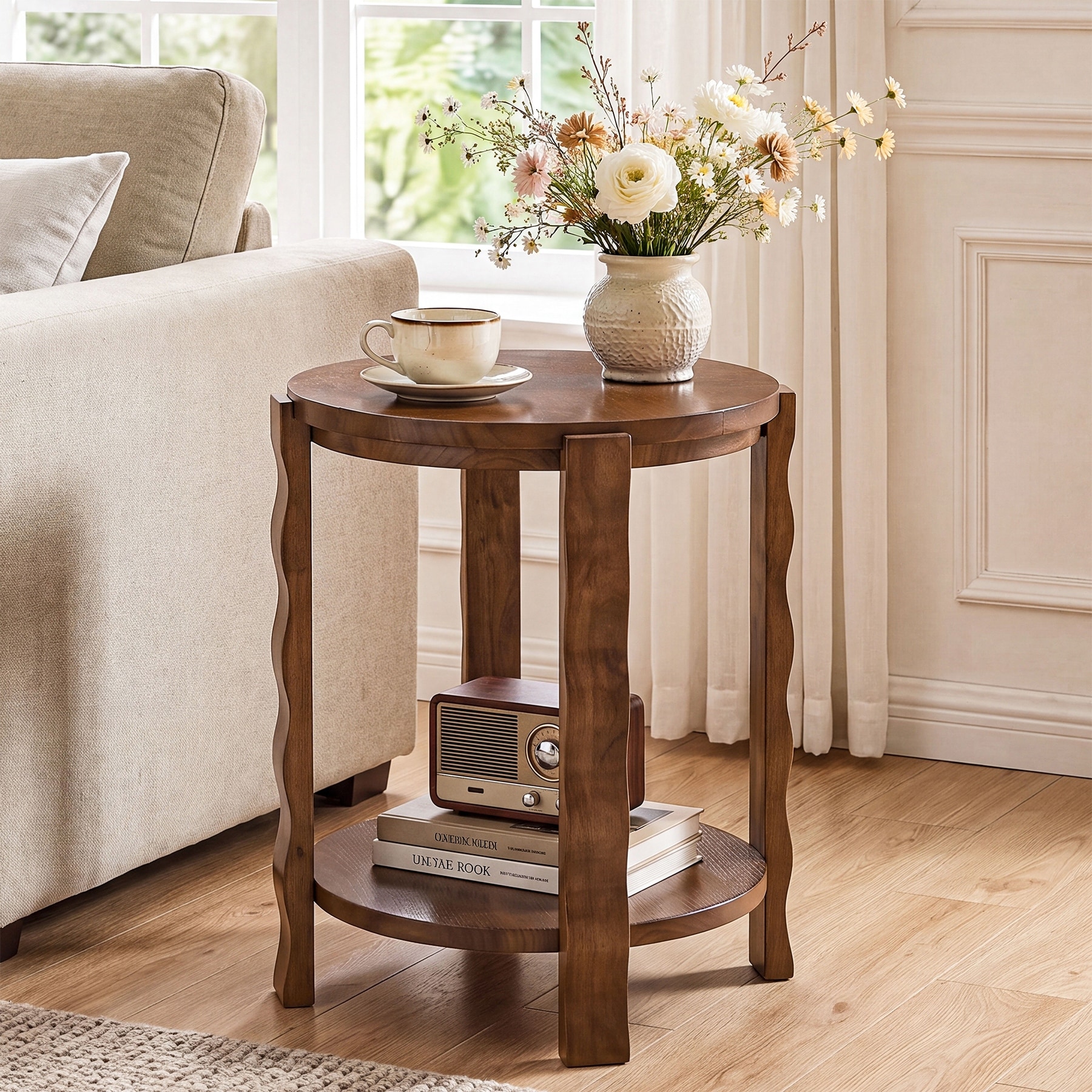 2-Tier Round Side Table, Wood End Table with Storage