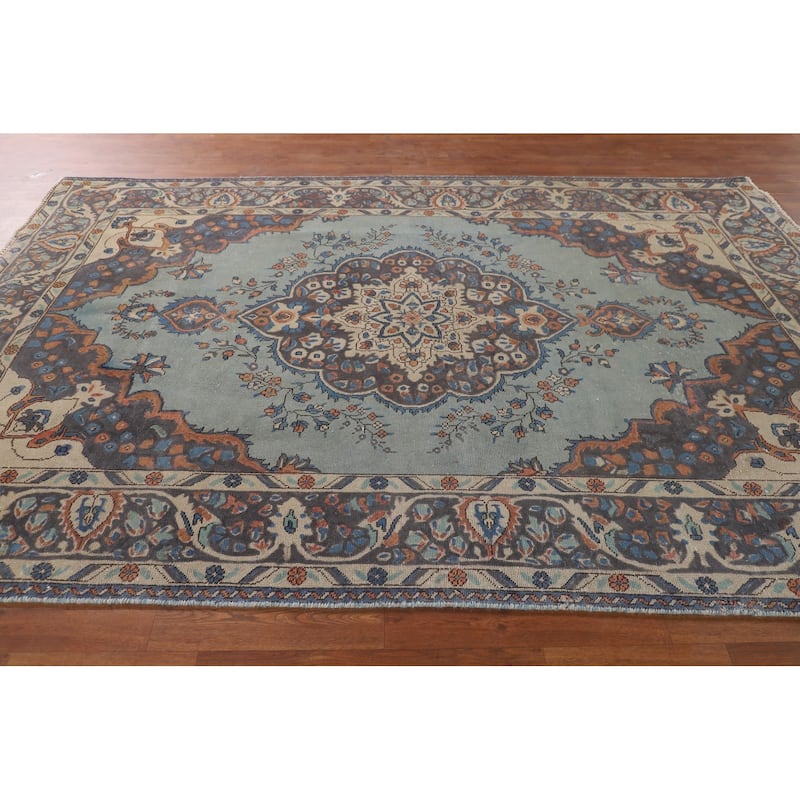 Over-Dyed Blue Tabriz Persian Vintage Rug Hand-Knotted Wool Carpet - 6'2"x 9'5"