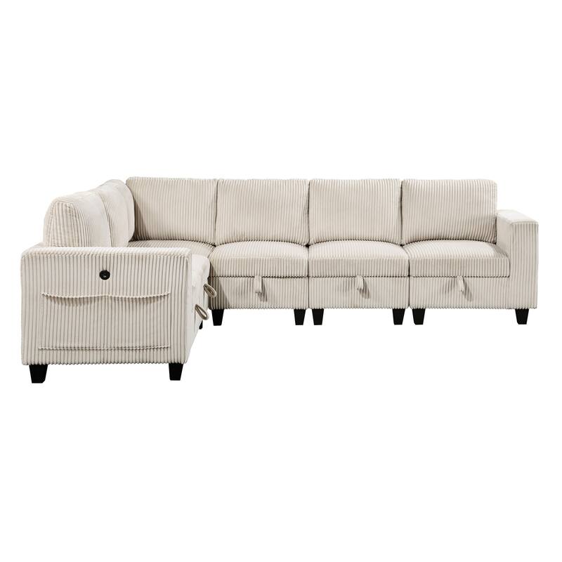 6-Piece Modular Sectional with Storage, Pockets, Ports in Beige Corduroy, Solid Wood