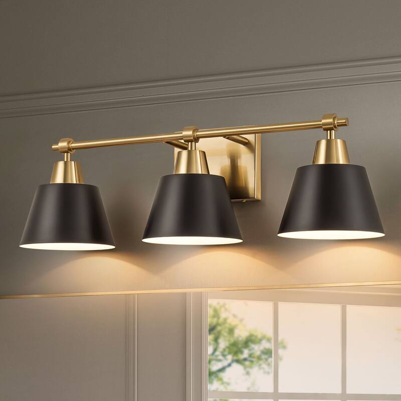 3-Light Vintage Industrial Black & Gold Metal Linear Cone Bathroom Vanity Light - 24.61 in. W x 7.68 in. H x 7.09 in. D