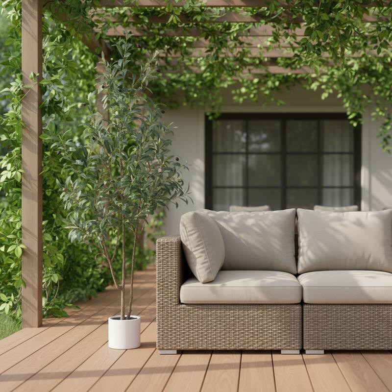HomeRoots 63" Green Artificial Olive Tree in a White Pot - 6.69 in. x 62.99 in. x 7.48 in. - Green - 6.69 in. x 62.99 in.  x 7.48 in.