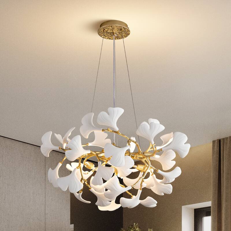 Modern Ginkgo Leaf Ceramic Chandelier, Moon Ring Round Pendant Light, D550-D1200, Gold Finish - 22in