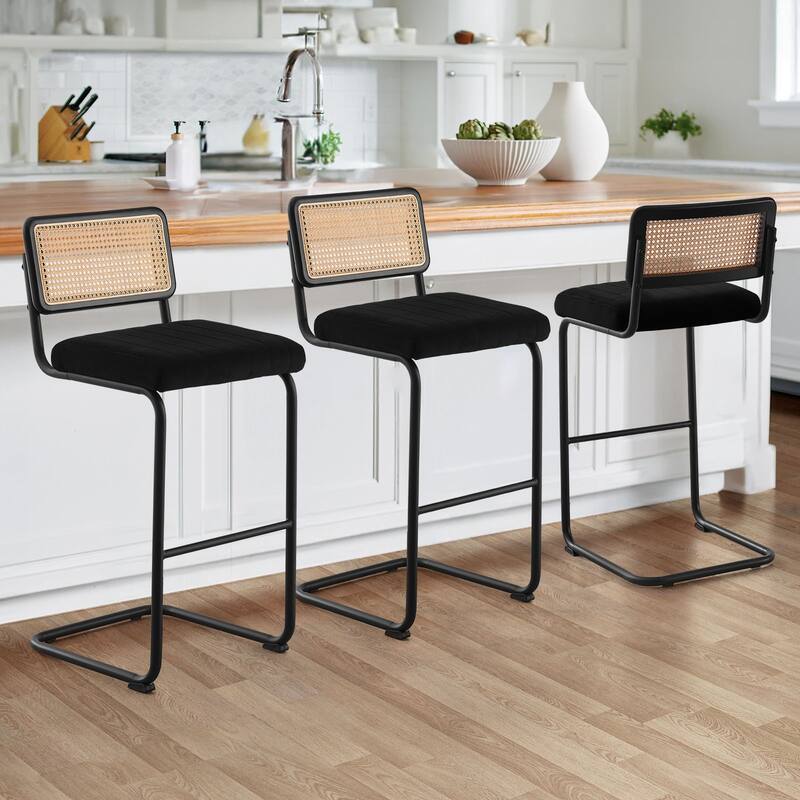 Velvet Upholstered Rattan Counter/Bar Stools, Set of 2/3